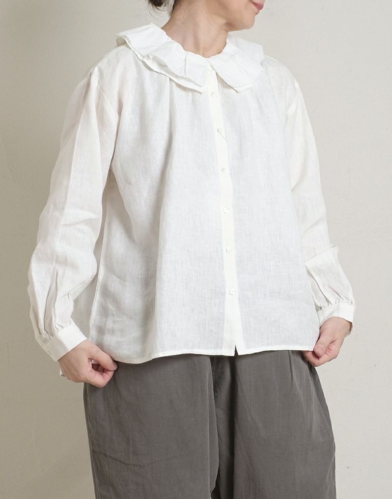 blue willow ブルーウィロー リネン2枚襟フリルブラウス 11505